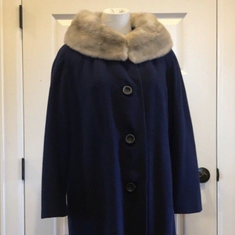 Vintage‎ Navy Wool Coat With Silver Mink Collar